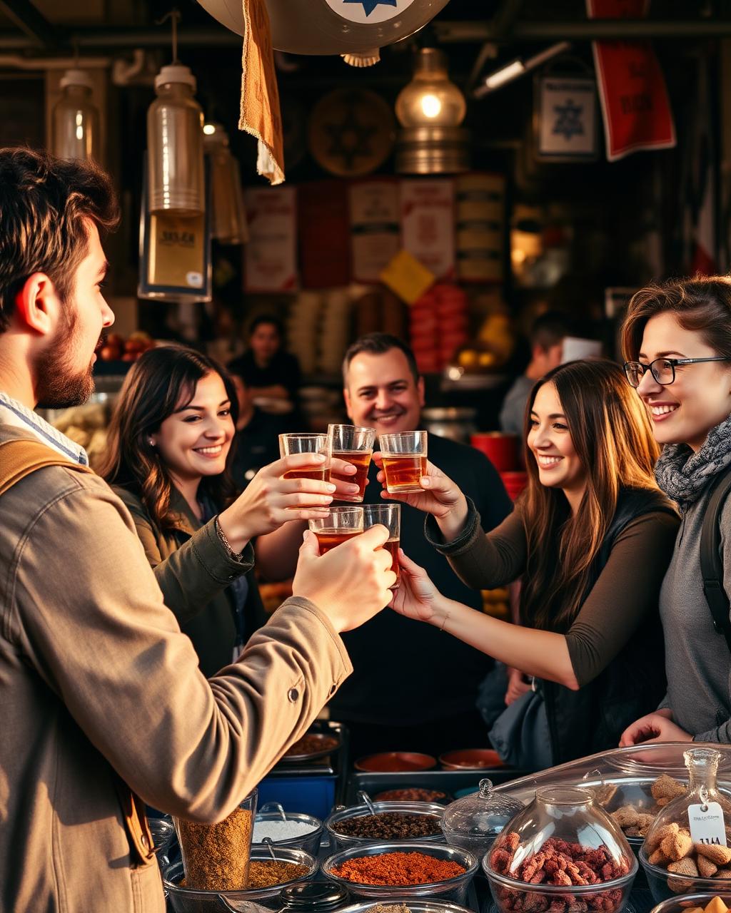 Small tour group toasting with shot glasses alongside a vendor at an Israeli bazaar